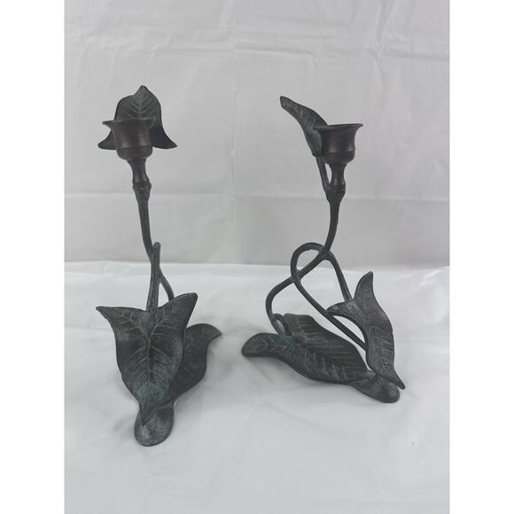 Rosenthal Netter Lily Single Taper Candle Holder Patinated Bronze Metalwork Set - Picture 5 of 7